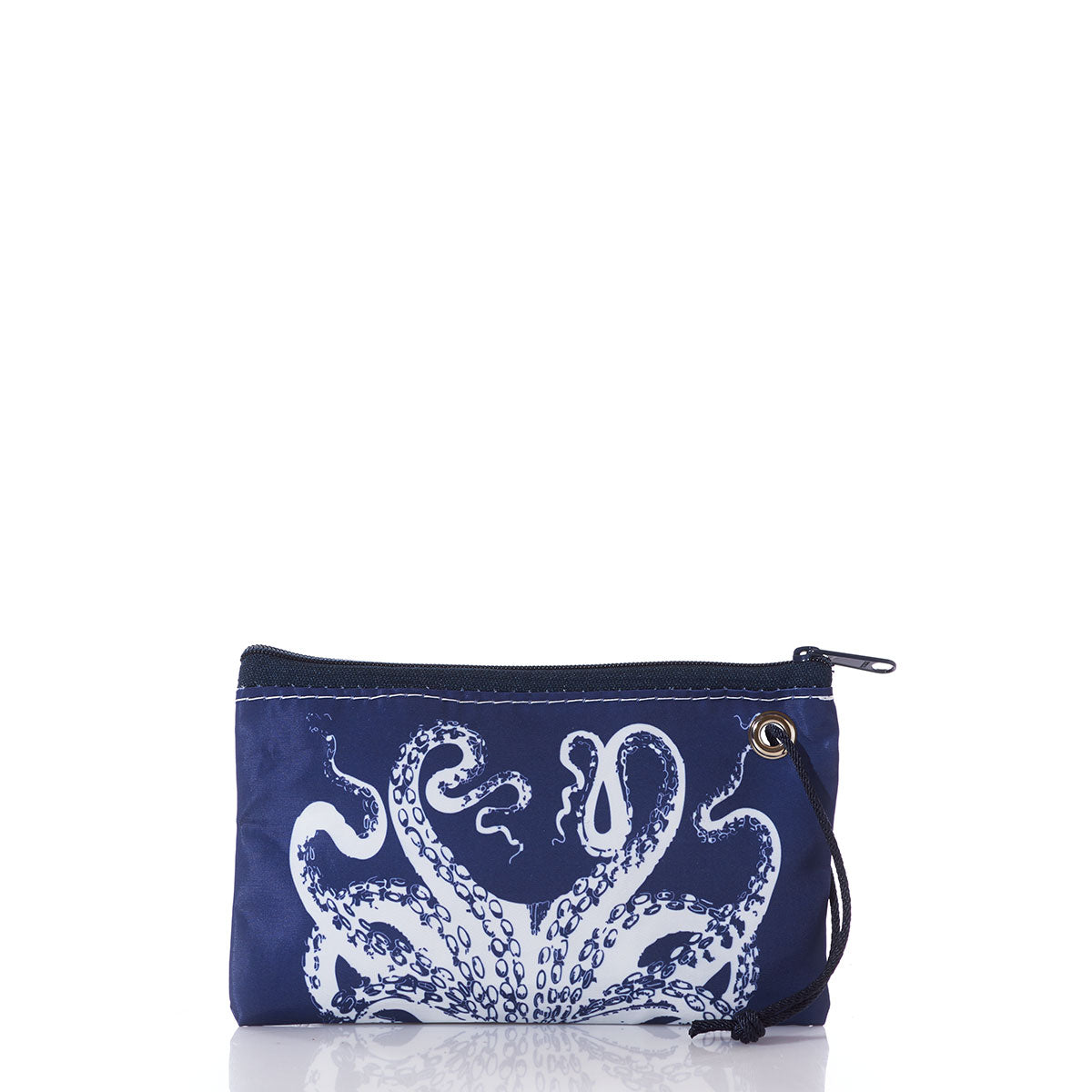 The Sea Bags White on Navy Octopus Wristlet is a small zippered pouch featuring a striking white octopus illustration on the front, crafted from recycled sails for an eco-friendly touch—an ideal nautical accessory, pictured against a white background. by Sea Bags