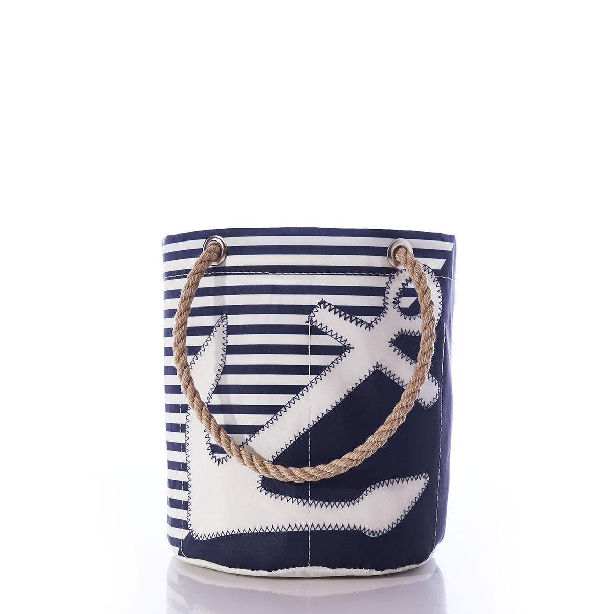 Breton Stripe White Anchor Beverage Bucket by Sea Bags, handcrafted in Maine from recycled sail cloth, featuring navy and white stripes with rope handles and a bold white anchor design on the front, displayed on a white background. by Sea Bags