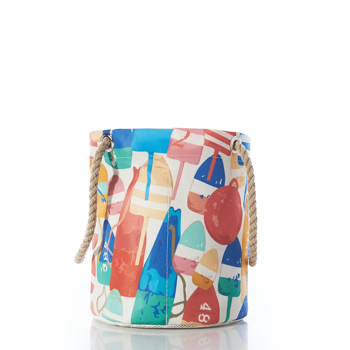Downeast Buoys Beachcomber Bucket by Sea Bags, featuring a vibrant beach-themed surfboard print and sturdy rope handles, inspired by recycled sail cloth bags, photographed against a white background. by Sea Bags