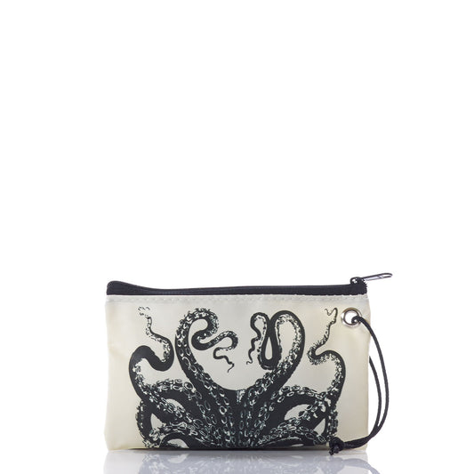 The Sea Bags Octopus Wristlet is a small, cream-colored zippered pouch made from recycled sails. It showcases a bold black octopus tentacle design and includes a handy wrist strap, blending style with sustainability. Displayed on a white background. by Sea Bags