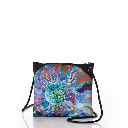 The Sea Bags Multicolor Nautilus Slim Crossbody Bag is crafted from recycled sail cloth, showcasing a vibrant watercolor spiral nautilus shell design on the front, accented by black sides and a matching black strap, displayed on a white background. by Sea Bags
