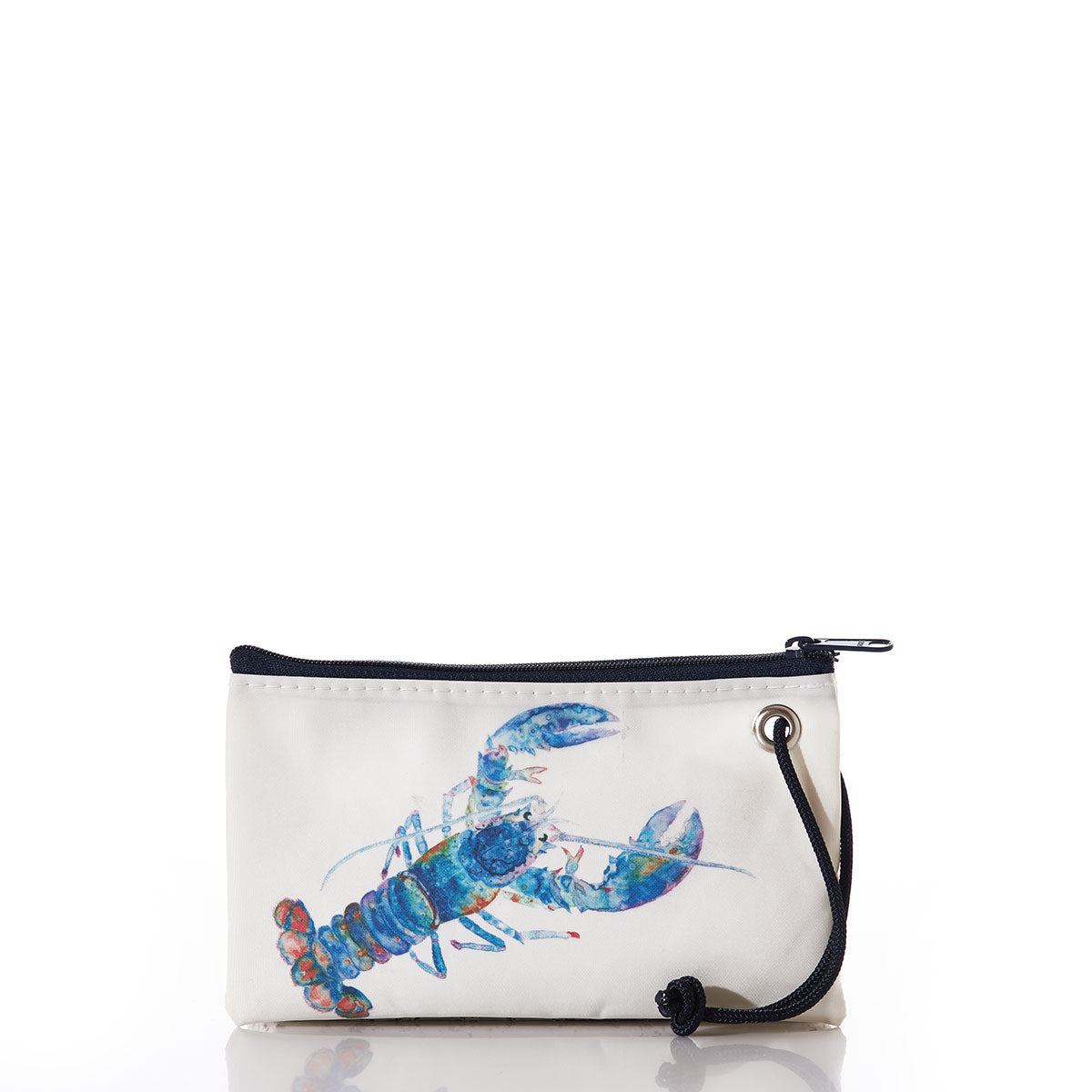 The Sea Bags Multicolor Lobster Wristlet is a small white pouch featuring a charming blue and red watercolor-style lobster illustration, a black zipper, and a black wrist strap. Crafted from recycled sails, it is shown on a plain white background. by Sea Bags