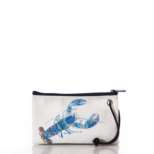 The Sea Bags Multicolor Lobster Wristlet is a small white pouch featuring a charming blue and red watercolor-style lobster illustration, a black zipper, and a black wrist strap. Crafted from recycled sails, it is shown on a plain white background. by Sea Bags