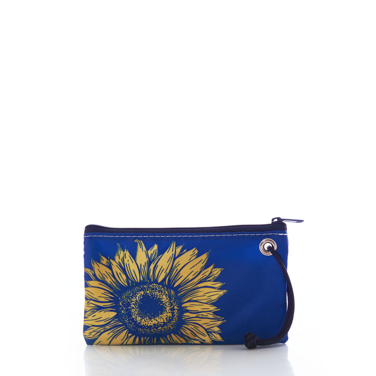 The Sea Bags Sunflower Wristlet features a bold yellow sunflower design on a blue zippered pouch, complete with a black wrist strap—an ideal accessory for nature lovers who appreciate striking floral accents. Displayed against a white background. by Sea Bags