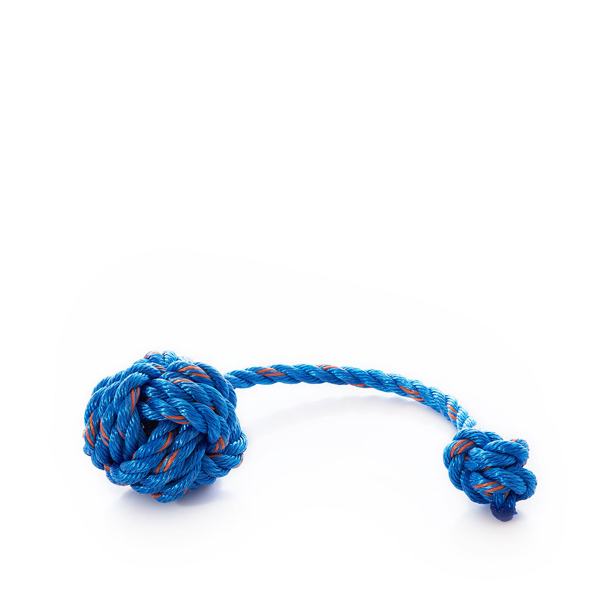 The Floating Rope Dog Toy - Blue by Fetch ME is a handmade toy from Maine, featuring an orange accent. It is knotted into a ball at one end and a smaller knot at the other, and is shown on a white background. by Sea Bags
