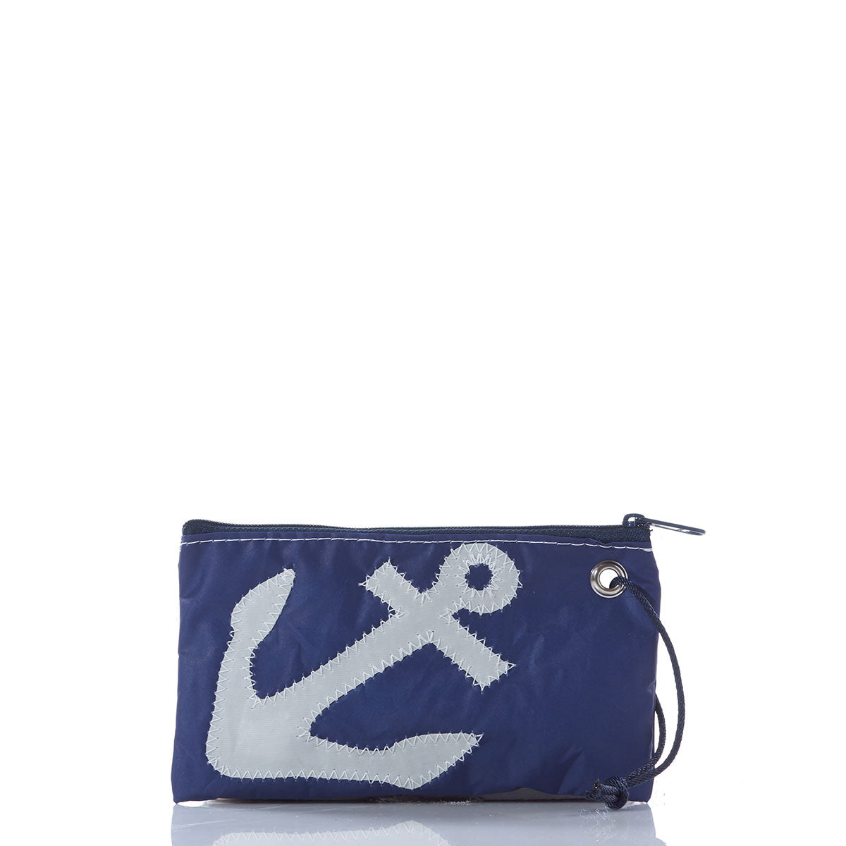 The Sea Bags White-on-Navy Anchor Wristlet is a compact navy accessory featuring a white anchor design and a black wrist strap, styled as a chic bag or wristlet and photographed against a white background. by Sea Bags