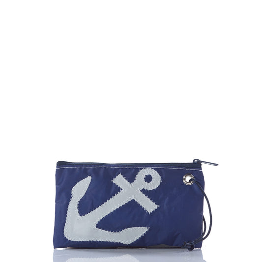 The Sea Bags White-on-Navy Anchor Wristlet is a compact navy accessory featuring a white anchor design and a black wrist strap, styled as a chic bag or wristlet and photographed against a white background. by Sea Bags