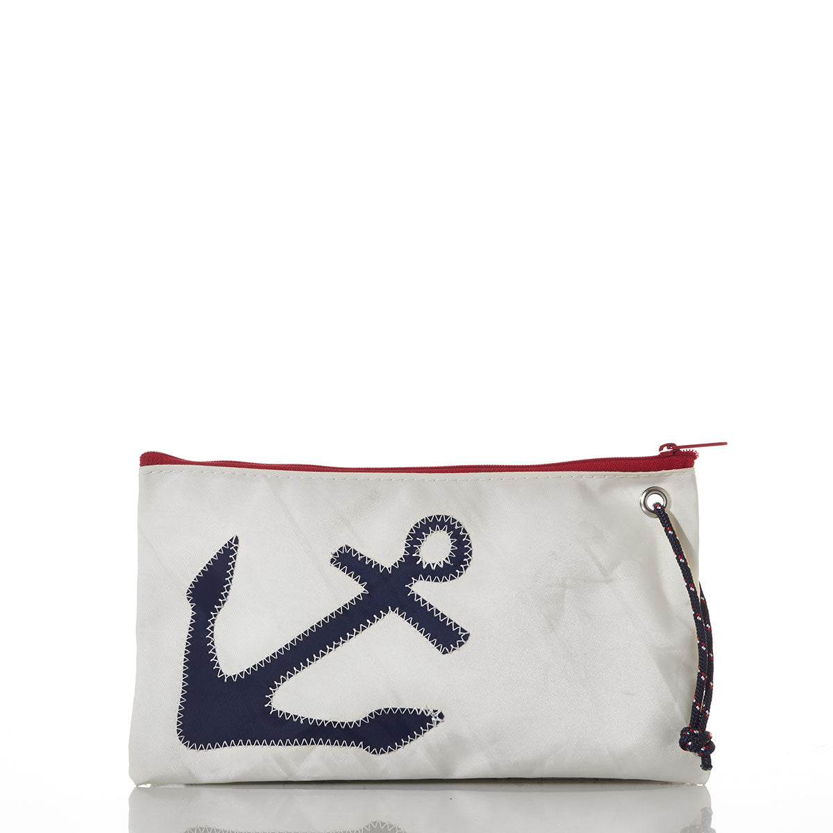 The Navy Anchor Large Wristlet by Sea Bags features a white zippered pouch adorned with a navy blue anchor design, complemented by a red zipper trim and a rope wrist strap. Inspired by classic nautical bag styles, this versatile accessory is perfect for seafaring adventures or everyday use. by Sea Bags