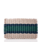 Fisherman Rope Mat - Maine Bicentennial by True, a woven rectangular mat inspired by flag stripe designs, features beige, green, and navy horizontal stripes and is displayed against a white background.