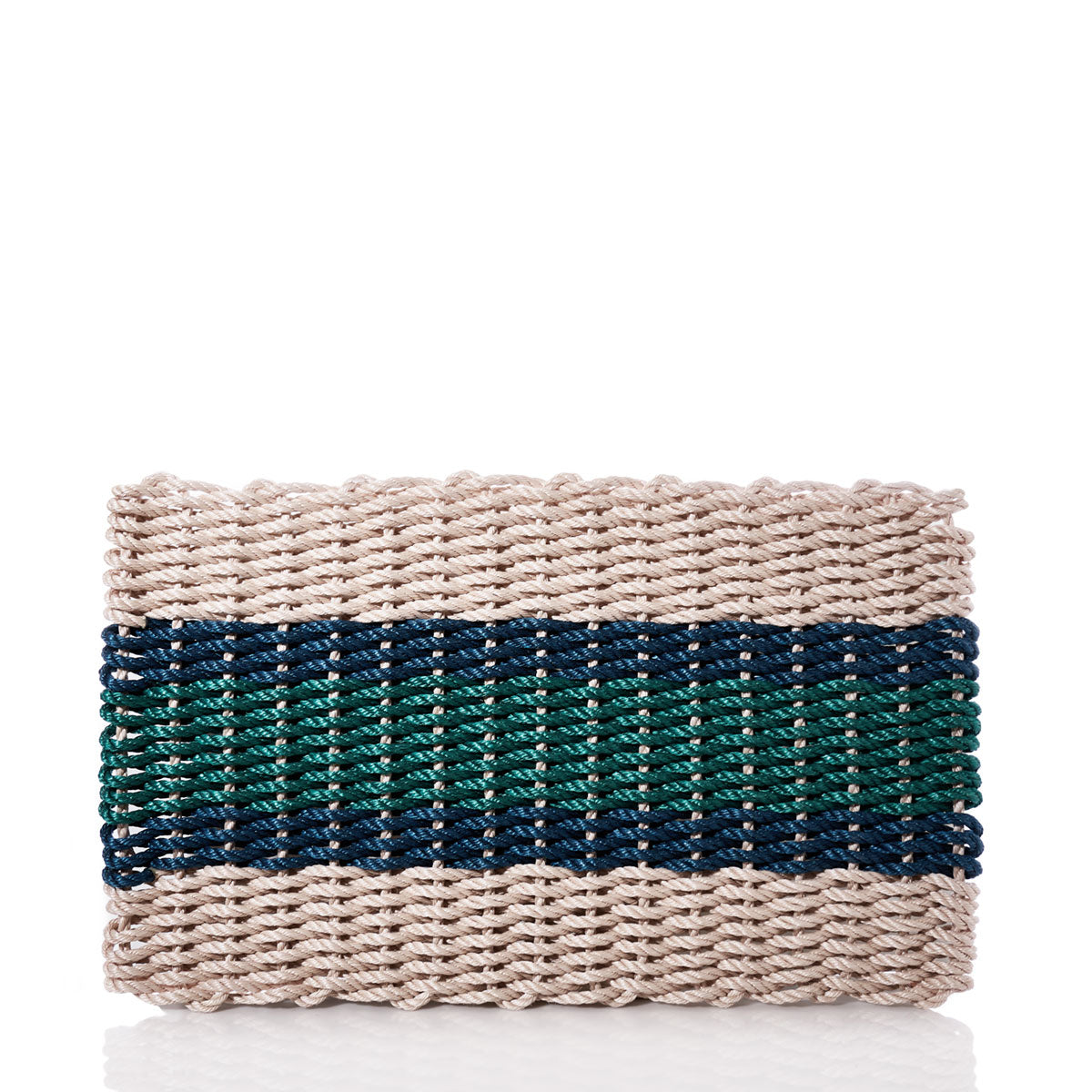 Fisherman Rope Mat - Maine Bicentennial by True, a woven rectangular mat inspired by flag stripe designs, features beige, green, and navy horizontal stripes and is displayed against a white background.
