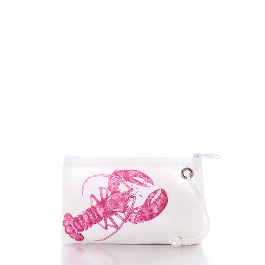 The Pink Lobster Wristlet by Sea Bags features a delicate watercolor illustration of a pink lobster by a Maine artist on the front. This white zippered pouch is accented with coastal charm and includes a white wrist strap attached through a metal grommet. by Sea Bags