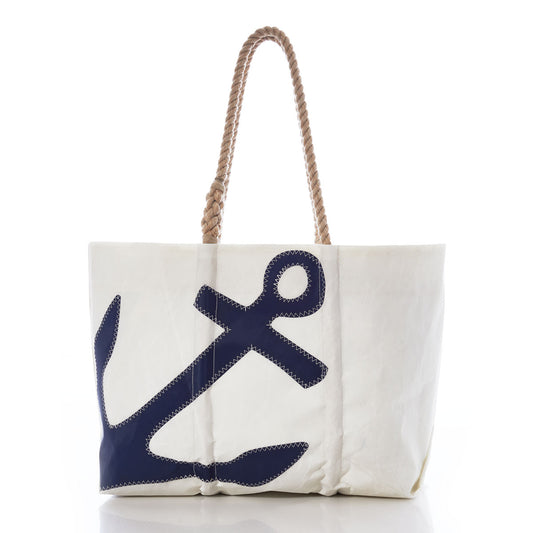 The Sea Bags Navy Anchor Large Tote with Hemp Rope, crafted from recycled sailcloth, features a bold navy anchor design and sturdy hemp rope handles. Displayed on a white background, this eco-friendly tote is both stylish and ideal for coastal adventures. by Sea Bags