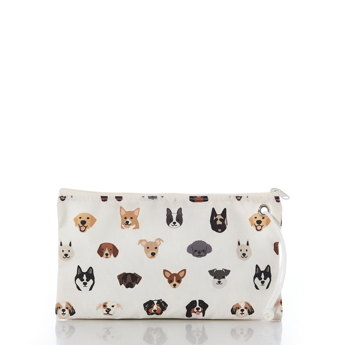 Introducing the Popular Pups Print Large Wristlet by Sea Bags—a white, washable zippered pouch adorned with a playful pattern of colorful cartoon dog faces in a variety of breeds, making it a delightful must-have for pet lovers. by Sea Bags