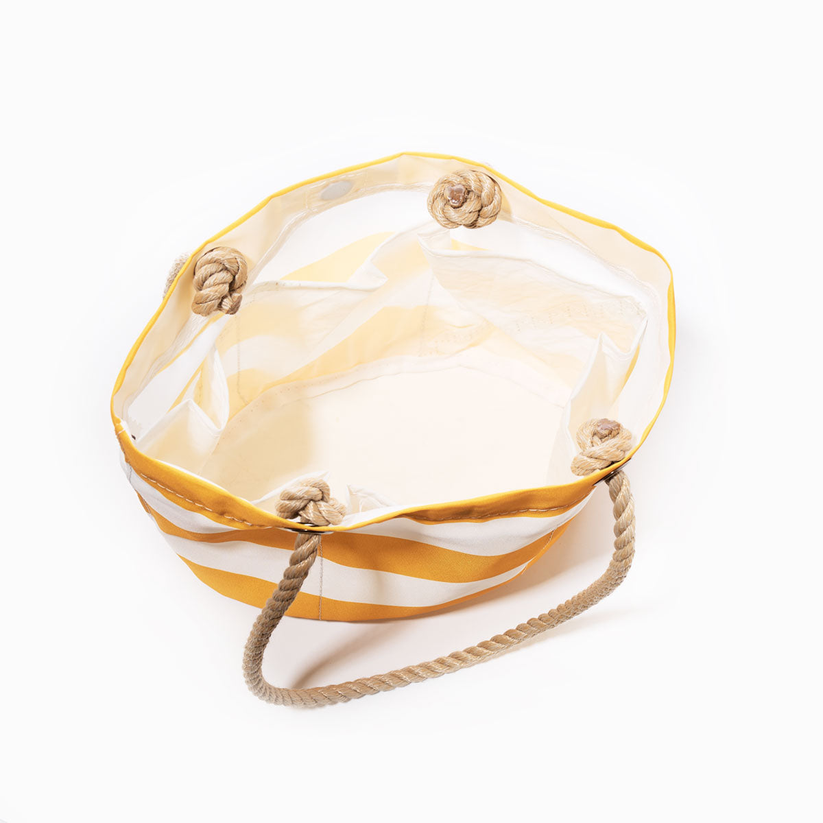 The Sea Bags Yellow Stripe Essential Handbag features yellow and white stripes, sturdy rope handles, and four knotted corners. Shown from above on a white background, this practical tote is perfect for everyday use. by Sea Bags