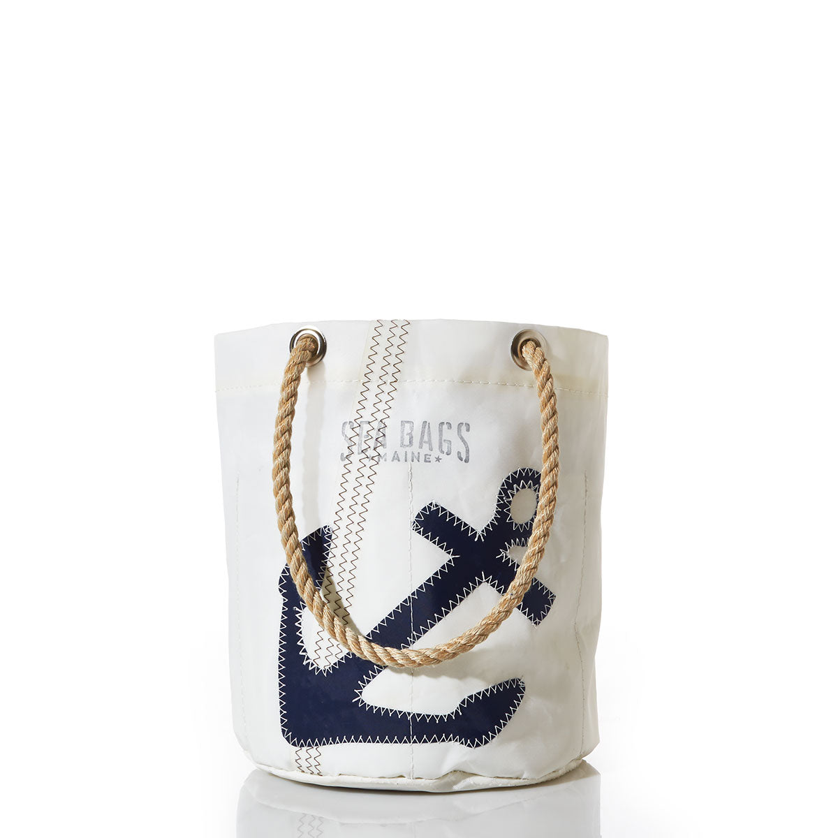 Introducing the Navy Anchor Beverage Bucket Bag by Sea Bags, expertly crafted from recycled sail cloth with sturdy rope handles. This stylish bucket bag features a bold navy anchor graphic, stitched seams, and partially visible SEA BAGS MAINE text on the front—making it the perfect beverage bucket for your next gathering. by Sea Bags