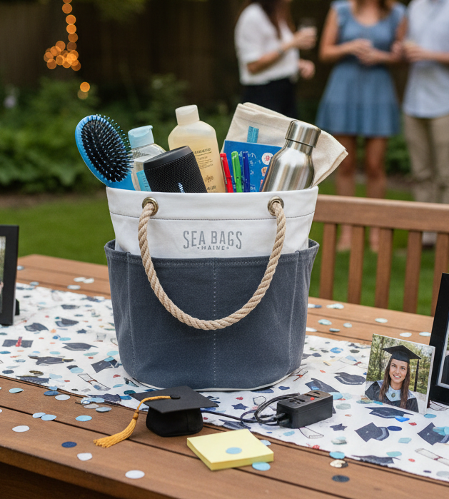 An All Purpose Gray Tool Bucket Bag by Sea Bags, filled with various items, sits on an outdoor table surrounded by small decorations, a cap, photos, and people talking in the background. by Sea Bags