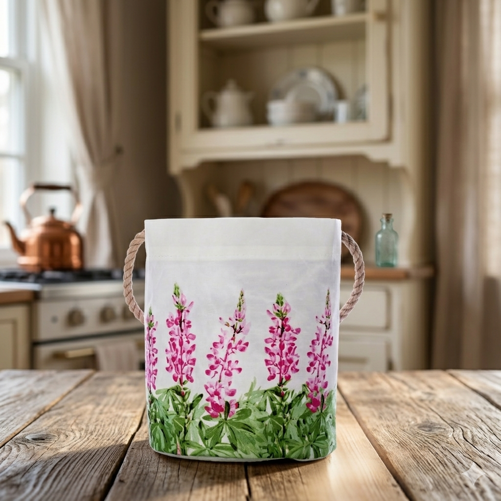 A Sea Bags Pink Lupine Bucket, featuring pink floral prints and rope handles, perfect for spring décor, sits on a wooden table in a rustic kitchen. by Sea Bags