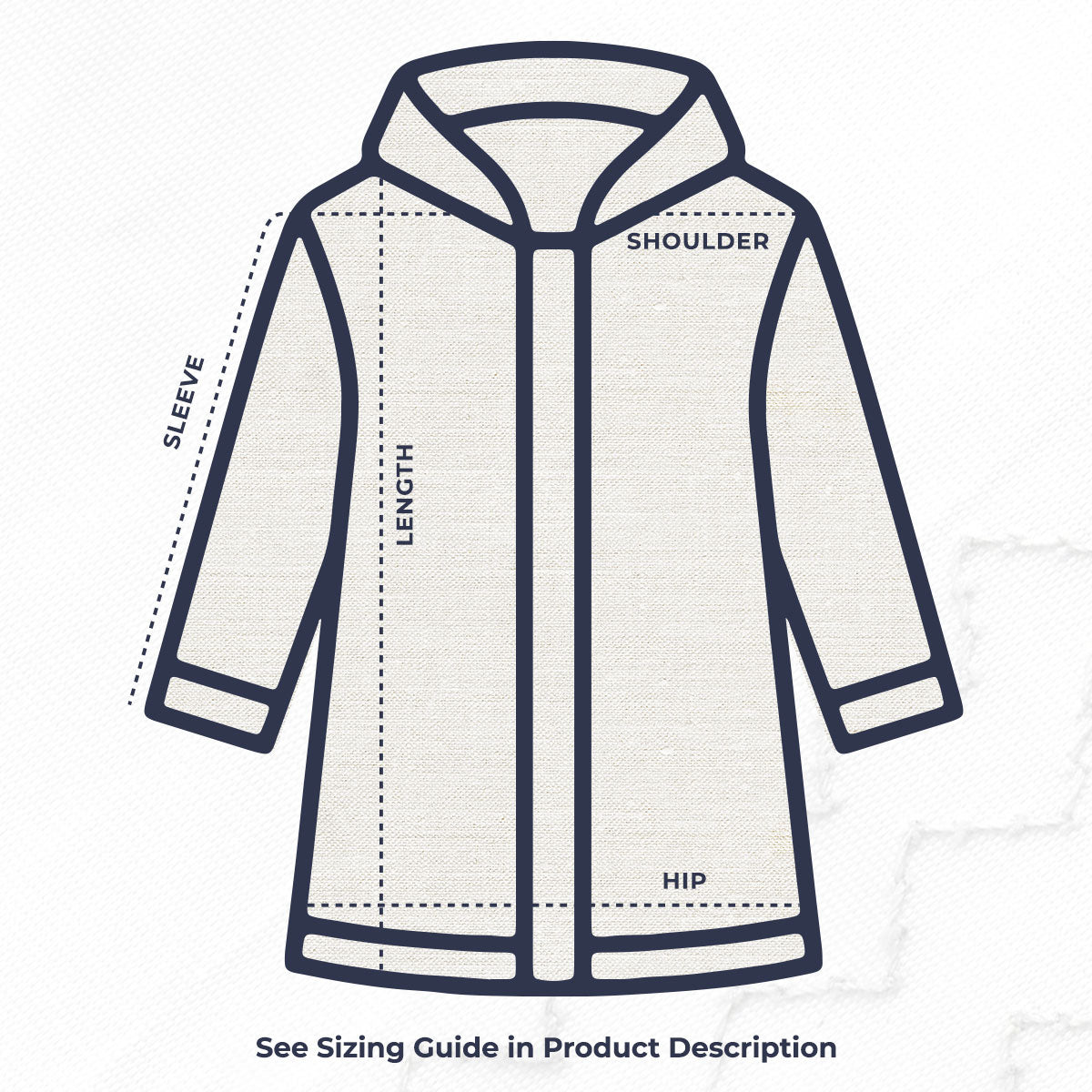 Line drawing of the Harborside Waterproof Raincoat - Stripe Navy  White by True, featuring a hood and marked measuring points for sleeve, length, shoulder, and hip. Text below reads: See Sizing Guide in Product Description. Features a waterproof shell with white and navy stripes.
