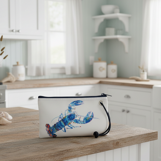 A Multicolor Lobster Wristlet by Sea Bags, crafted from recycled sails and adorned with a vibrant lobster illustration, sits on a wooden kitchen island in a bright, airy kitchen. by Sea Bags