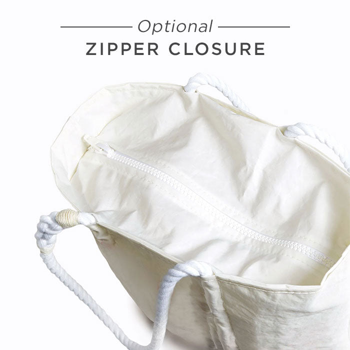 Sea Bags White on Navy Sand Dollar Large Tote shown from above, featuring rope handles and an optional zipper closure on the main compartment. Please note, this master item is not available for direct purchase and may appear as one of several Shopify variants. by Sea Bags