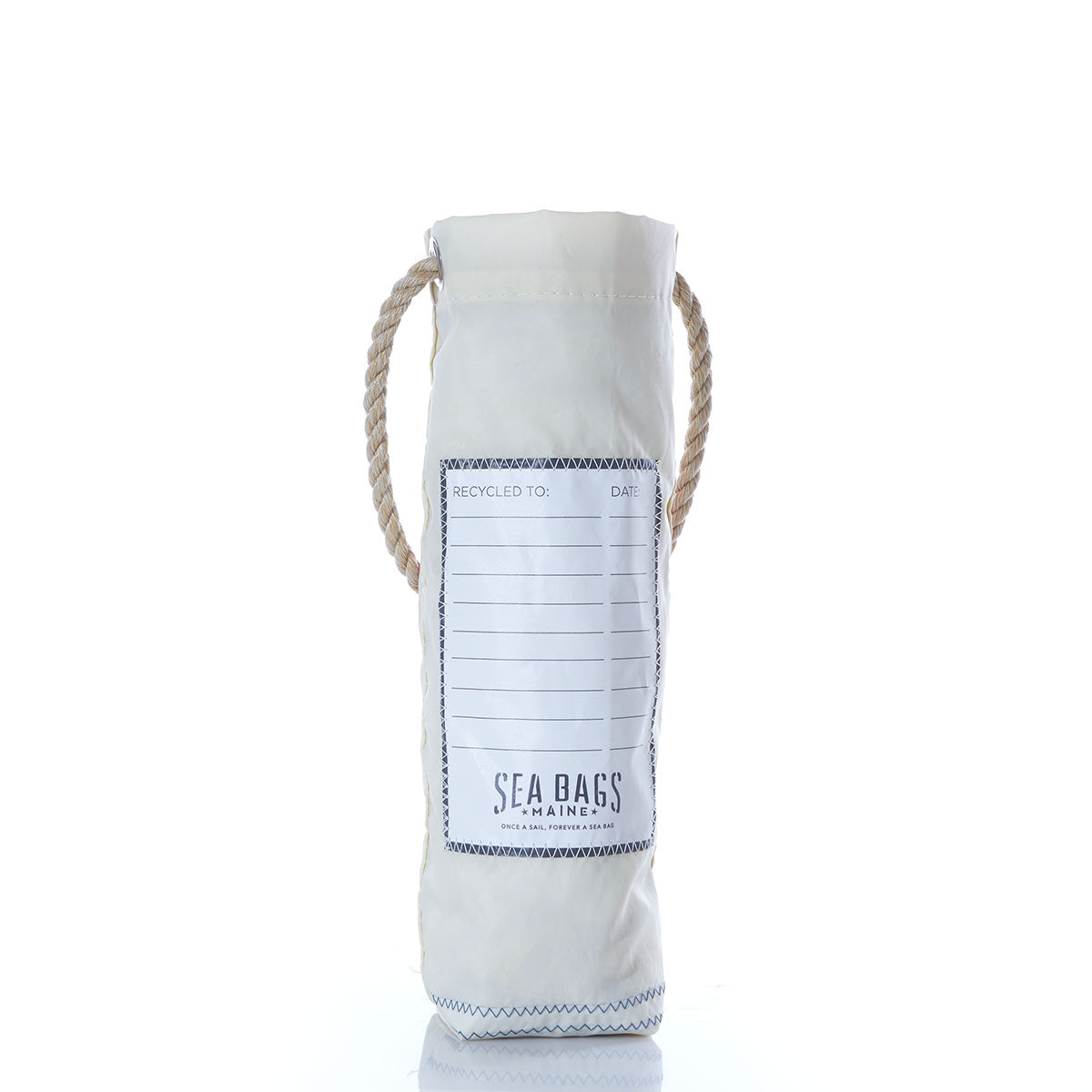 The Cheers Wine Bag by Sea Bags is a white bag crafted from repurposed sail cloth with sturdy rope handles, featuring a recycling info label and Sea Bags printed on the front. Perfect as a stylish wine bag or for holding your travel log, it stands upright on a white background. by Sea Bags