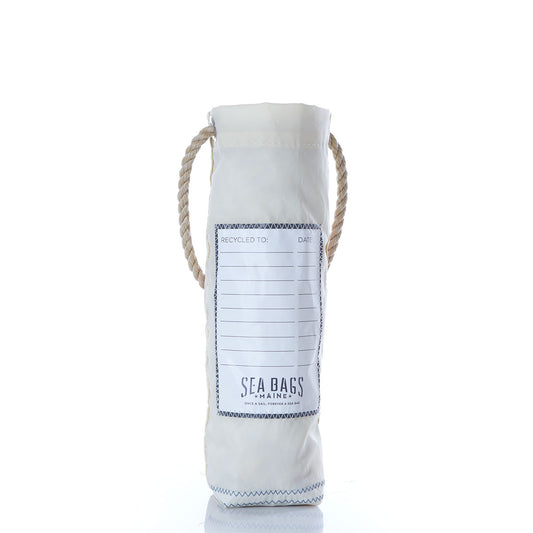 The Cheers Wine Bag by Sea Bags is a white bag crafted from repurposed sail cloth with sturdy rope handles, featuring a recycling info label and Sea Bags printed on the front. Perfect as a stylish wine bag or for holding your travel log, it stands upright on a white background. by Sea Bags