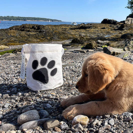 A golden retriever puppy lies on a rocky beach beside the Sea Bags Paw Print Bucket Bag, a white storage bucket featuring a black paw print, with water and trees in the background. by Sea Bags