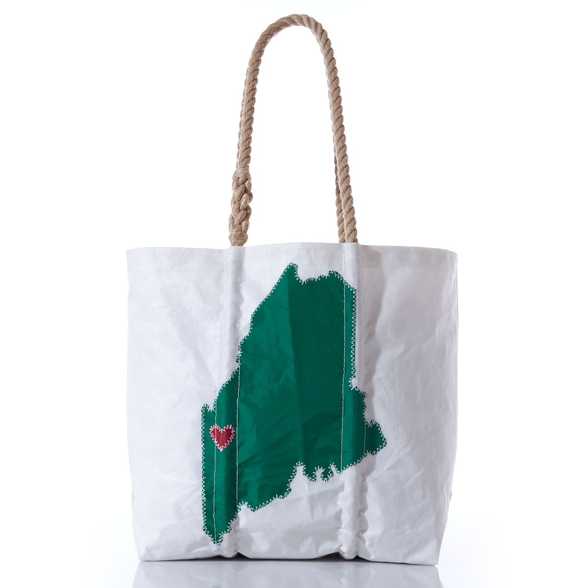 Introducing the Sea Bags Custom Maine Tote—a white tote bag with rope handles, adorned with a green outline of Maine and a red heart near the southern region. This thoughtful and personalized bag makes the perfect Maine-inspired gift. by Sea Bags
