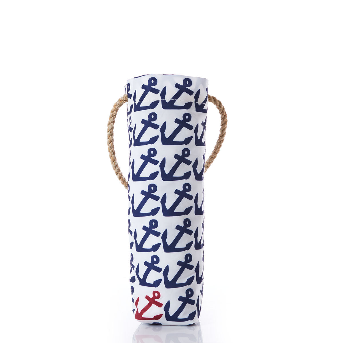 Introducing the Sea Bags Anchor Pop Wine Bag—a cylindrical wine tote made from recycled sail cloth, showcasing navy blue anchor patterns and accented with a single red anchor at the bottom. It features a sturdy rope handle and comes on a crisp white background, making it an ideal hostess gift. by Sea Bags