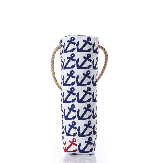 Introducing the Sea Bags Anchor Pop Wine Bag—a cylindrical wine tote made from recycled sail cloth, showcasing navy blue anchor patterns and accented with a single red anchor at the bottom. It features a sturdy rope handle and comes on a crisp white background, making it an ideal hostess gift. by Sea Bags