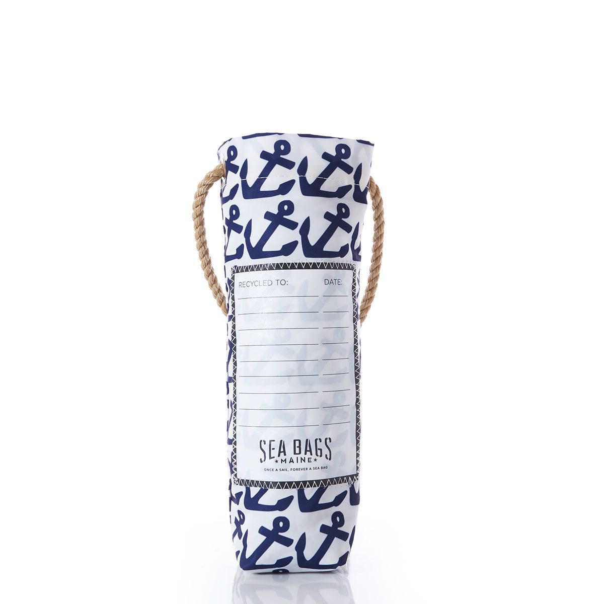 The Sea Bags Anchor Pop Wine Bag is a reusable white and blue tote crafted from recycled sail cloth, adorned with anchor patterns, a sturdy rope handle, and a SEA BAGS label on the front—making it an ideal and stylish hostess gift. by Sea Bags