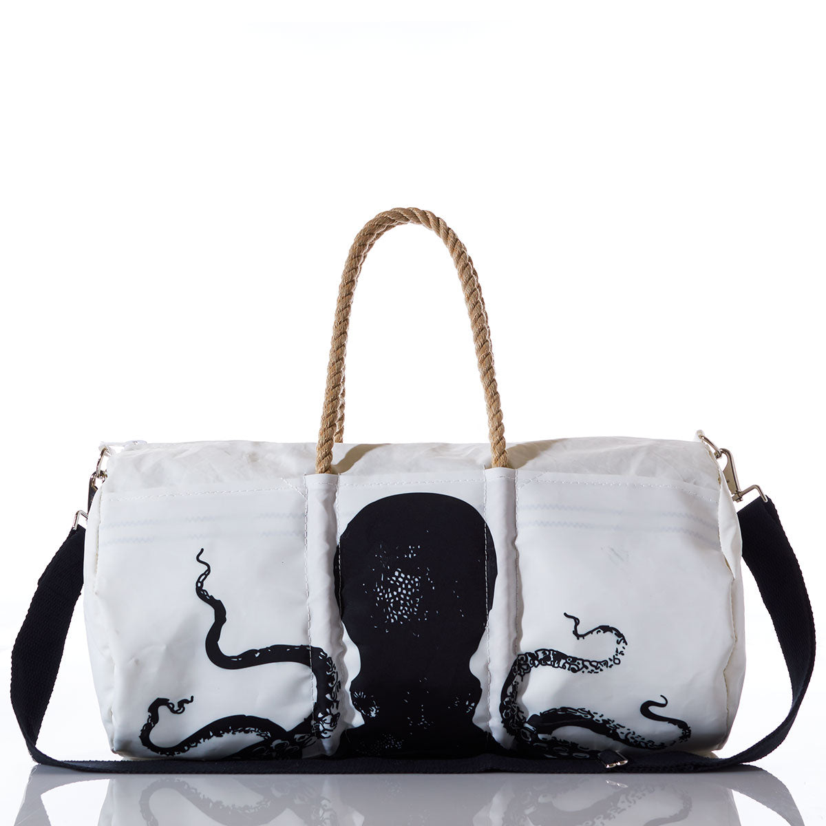 The Sea Bags Octopus Duffel is crafted from recycled sail cloth and showcases a bold black octopus design. It features marine-grade zippers, durable rope handles, a black shoulder strap, and is photographed against a white background. by Sea Bags