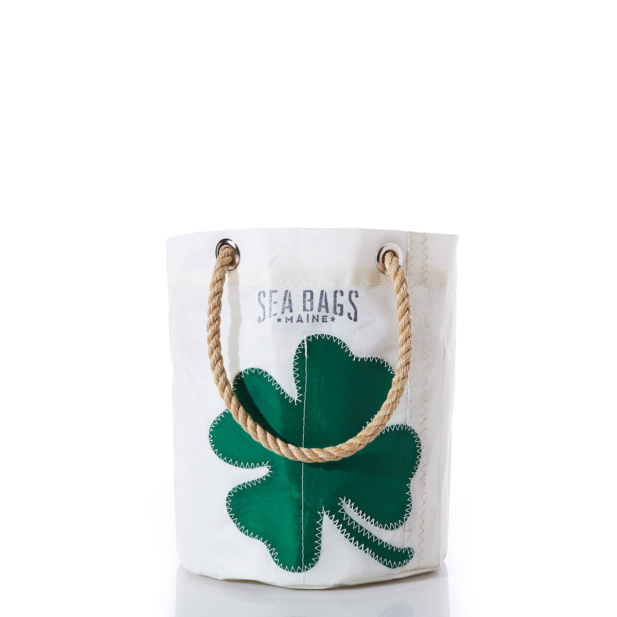 Sea Bags Four Leaf Clover Beverage Bucket Bag, made from recycled sail cloth, features rope handles and a bold green four-leaf clover graphic with Sea Bags Maine printed on the front. by Sea Bags