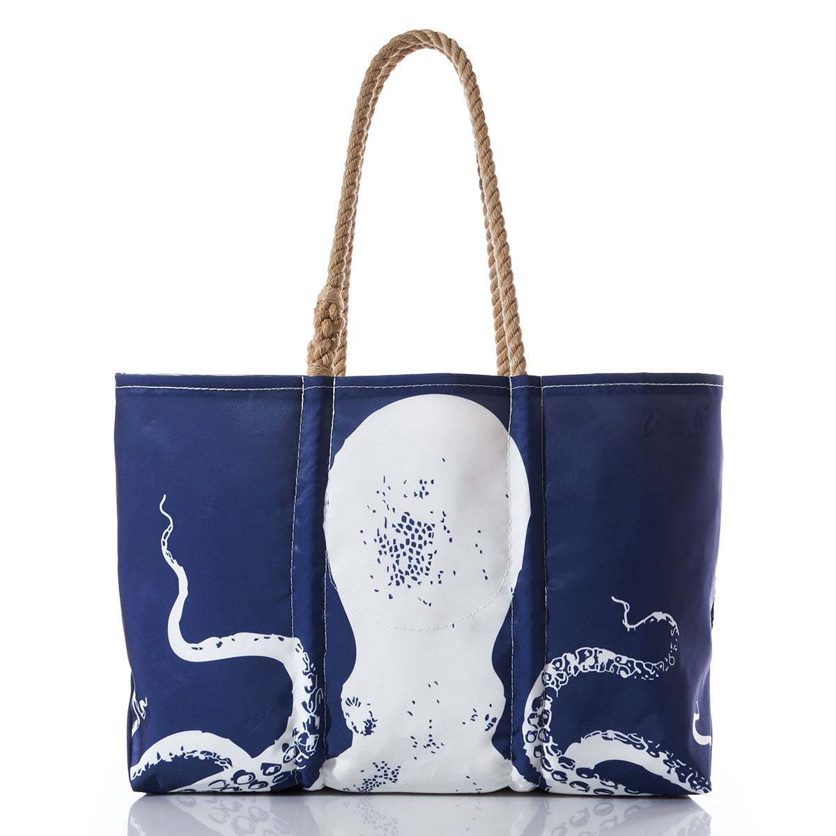Sea Bags Zip Top White on Navy Octopus Large Tote, made from recycled sail cloth with hand-spliced rope handles and a bold white octopus design on the front, shown against a white background. by Sea Bags
