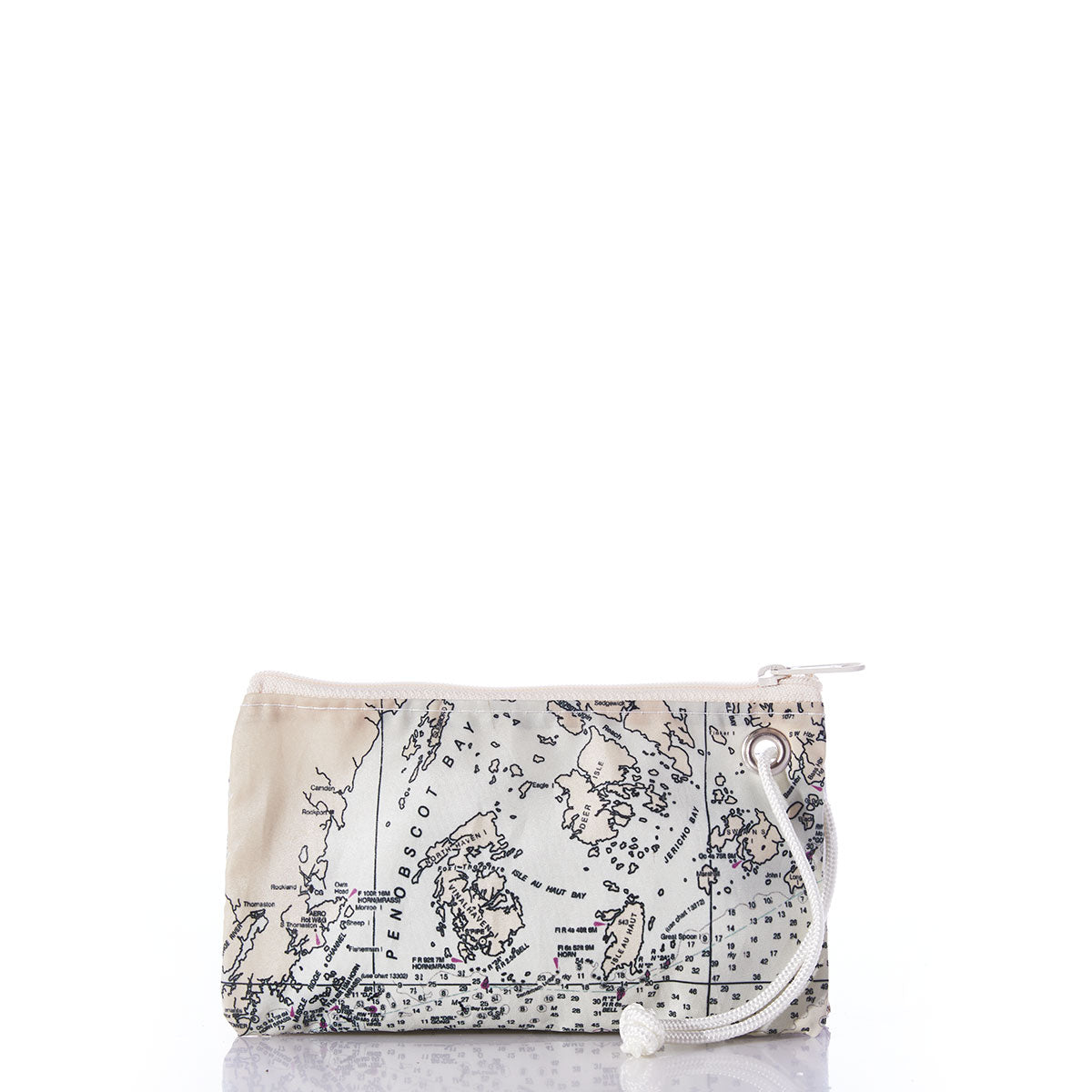 Introducing the Sea Bags Penobscot Bay Nautical Chart Wristlet—a small zippered pouch made from recycled sail cloth, showcasing a vivid nautical map print of Penobscot Bay. Featuring a white zipper and matching cord loop, this wristlet is displayed against a crisp white background. by Sea Bags