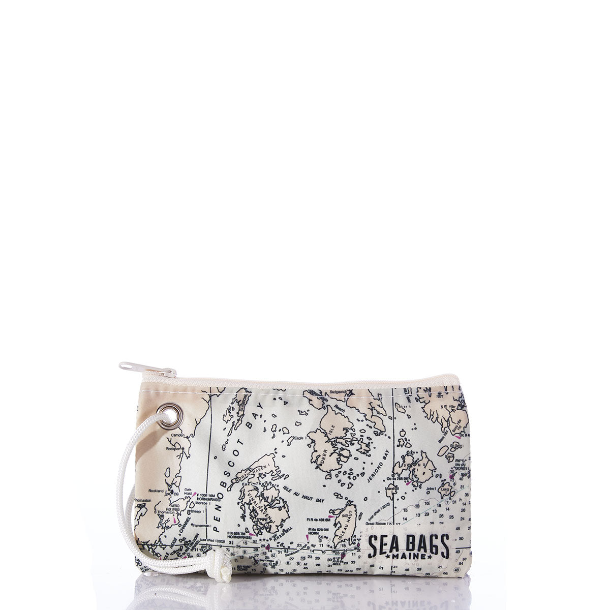 The Penobscot Bay Nautical Chart Wristlet by Sea Bags features a printed nautical map design of Penobscot Bay on recycled white sail cloth, complete with a zippered closure, grommet and rope detail, and the Sea Bags logo in the lower right corner—an ideal accessory for your seaside adventures. by Sea Bags