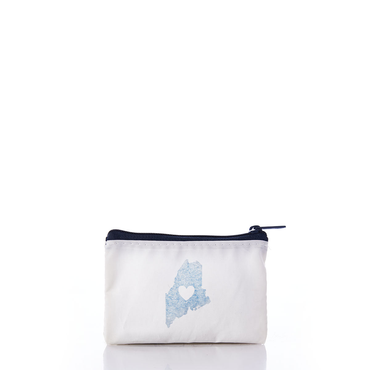 The Navy State of Maine Everyday Carry Mini Pouch by Sea Bags is a small zippered coin purse crafted from recycled sail cloth, featuring a navy outline of the state of Maine with a white heart in the center—perfect for showing your Maine pride. Shown on a plain white background. by Sea Bags