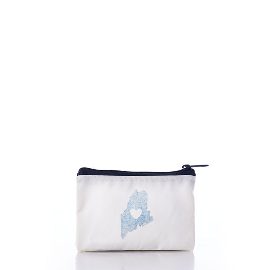 The Navy State of Maine Everyday Carry Mini Pouch by Sea Bags is a small zippered coin purse crafted from recycled sail cloth, featuring a navy outline of the state of Maine with a white heart in the center—perfect for showing your Maine pride. Shown on a plain white background. by Sea Bags