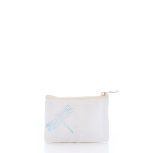The Sea Bags Dragonfly Everyday Carry Mini Pouch is a small, white zippered pouch crafted from recycled Dacron sail and features a light blue dragonfly stamp on the front. This stashable accessory is shown against a plain white background. by Sea Bags