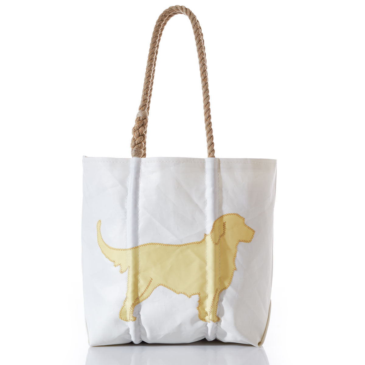 Sea Bags’ Golden Retriever Medium Tote Clasp and Hanging Pocket, crafted from white recycled sail with rope handles, features a yellow silhouette of a loyal companion—resembling a Golden Retriever—stitched on the front and is photographed against a white background. by Sea Bags
