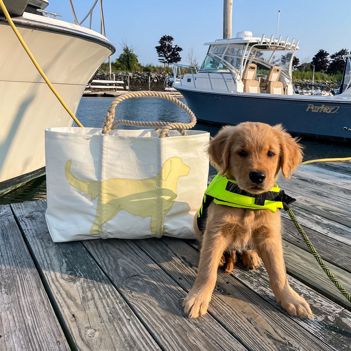 A Golden Retriever puppy wearing a neon life jacket sits on a dock beside the Sea Bags Golden Retriever Large Tote, a white recycled sail bag adorned with a yellow dog silhouette; boats can be seen in the background behind this faithful friend. by Sea Bags