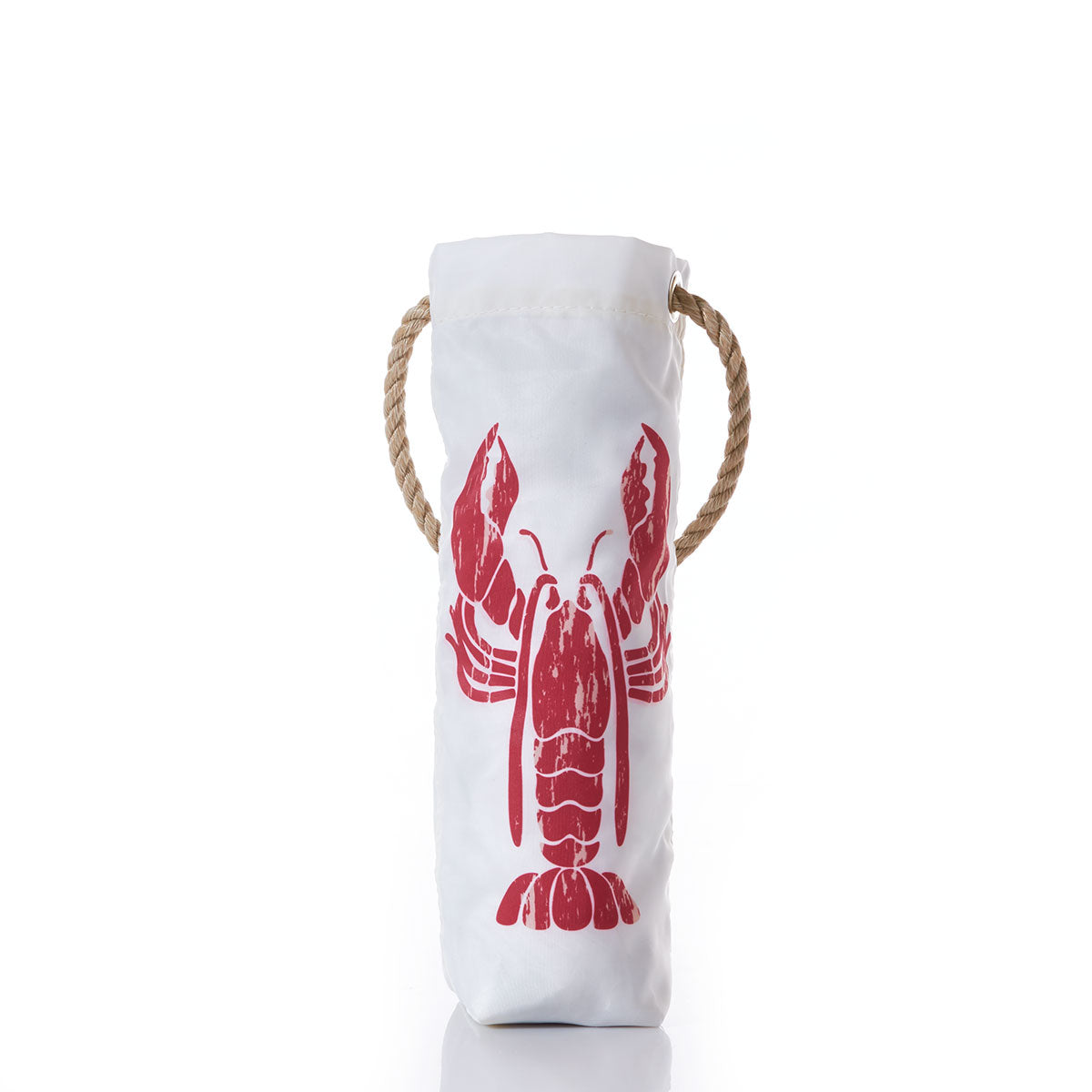 The Sea Bags Lobster Pound Wine Bag is crafted from white recycled sailcloth with a rope handle and showcases a bold red Maine lobster graphic on the front, displayed against a plain white background. by Sea Bags