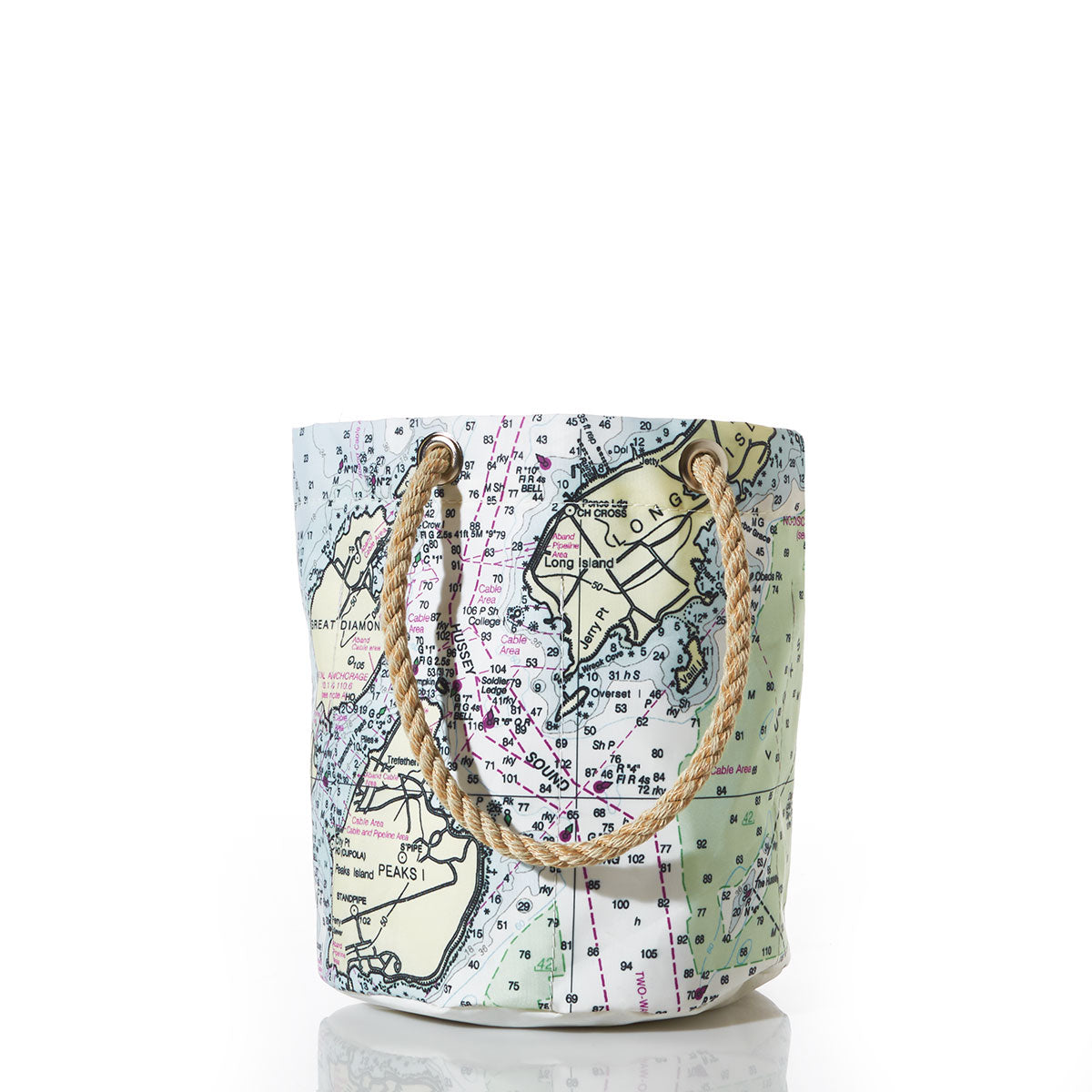 The Casco Bay Nautical Chart Beverage Bucket Bag by Sea Bags is crafted from durable recycled sail cloth and features a printed nautical chart design on a white background, with rope handles in a cylindrical tote style. by Sea Bags