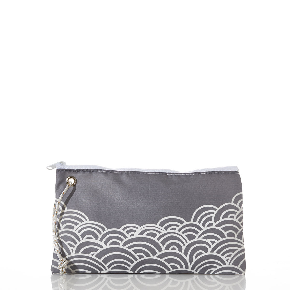 Sea Bags Gold Mermaid Tail and Waves Large Wristlet, featuring a zippered closure, gold mermaid tail and wave design on recycled sail cloth, and a rope wrist strap, displayed against a white background. by Sea Bags