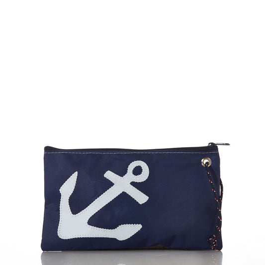Add a touch of nautical style with the Sea Bags White-on-Navy Anchor Large Wristlet. Featuring a bold white anchor graphic on classic navy and a handy rope handle on the side, this wristlet artfully blends function and charm in true maritime fashion. by Sea Bags