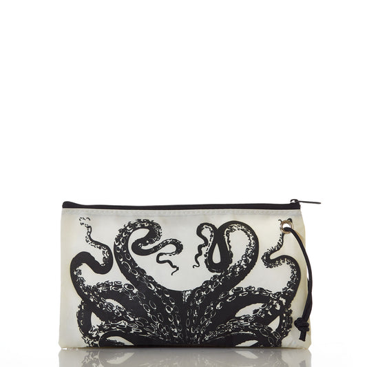 The Sea Bags Octopus Large Wristlet is an eco-friendly, white zippered pouch adorned with a bold black octopus illustration on the front. This spacious wristlet stands upright against a plain white background, blending striking design with everyday practicality. by Sea Bags