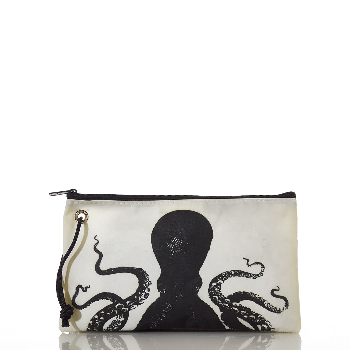 Introducing the Sea Bags Octopus Large Wristlet—a spacious, zippered pouch adorned with a bold black octopus design, showcasing a silhouette head with tentacles stretching elegantly from each side against a clean background. Crafted with eco-friendly materials, this stylish wristlet is perfect for carrying your essentials on the go. by Sea Bags