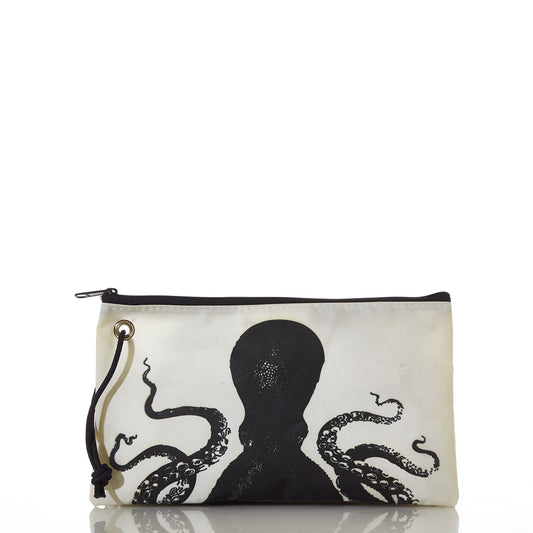 Introducing the Sea Bags Octopus Large Wristlet—a spacious, zippered pouch adorned with a bold black octopus design, showcasing a silhouette head with tentacles stretching elegantly from each side against a clean background. Crafted with eco-friendly materials, this stylish wristlet is perfect for carrying your essentials on the go. by Sea Bags
