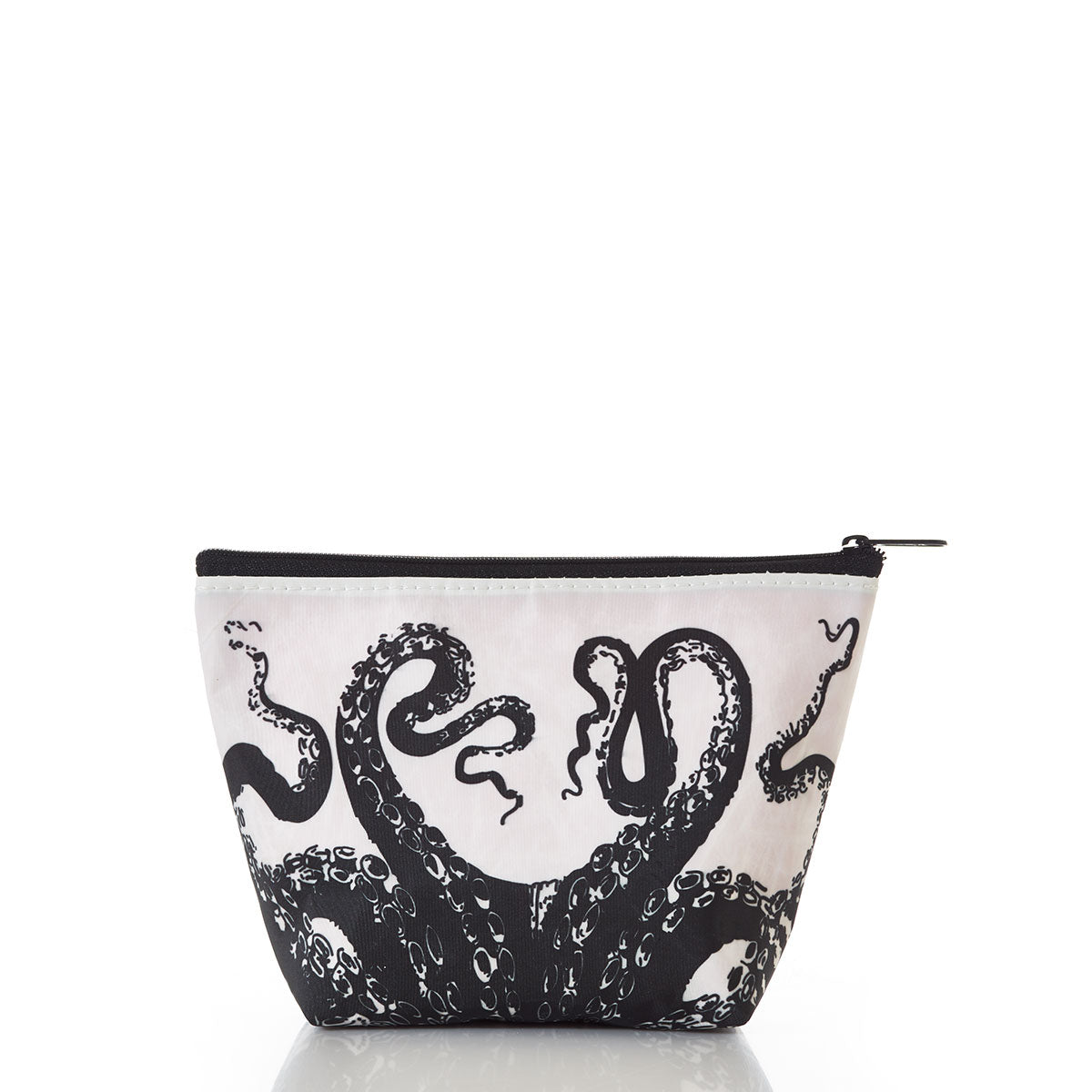 Introducing the Sea Bags Octopus Cosmetic Bag—a white zippered cosmetic bag crafted from recycled sail cloth, featuring a bold black octopus design with tentacles illustrated on the front. by Sea Bags