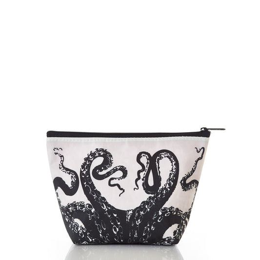 Introducing the Sea Bags Octopus Cosmetic Bag—a white zippered cosmetic bag crafted from recycled sail cloth, featuring a bold black octopus design with tentacles illustrated on the front. by Sea Bags